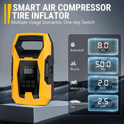 Image of AC DC Tire Inflator Portable Air Compressor with digital display, multiple use scenarios, and pressure settings for inflatables.
