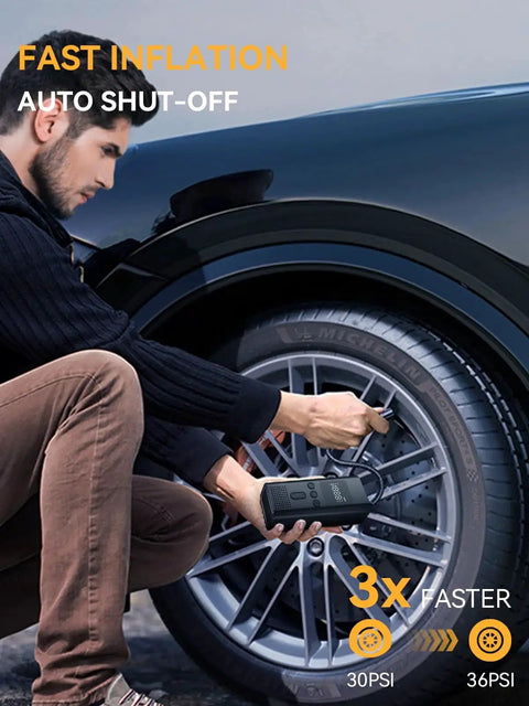 Man using Portable Tire Inflator And Cordless Air Compressor With 150 PSI LED Light Auto Shut Off on car tire
