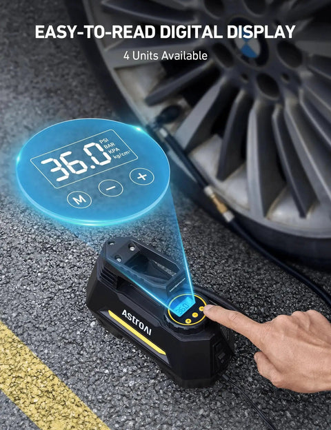 Portable 12V Tire Inflator With Digital Pressure Gauge And Emergency LED Light Nine Point Eight Foot Cord Powered By Cigarette Lighter For Cars Bikes Ball Equipment And Balloons Fast Programmable Inflation For Precise Pressure Readouts showing digital display next to car tire.