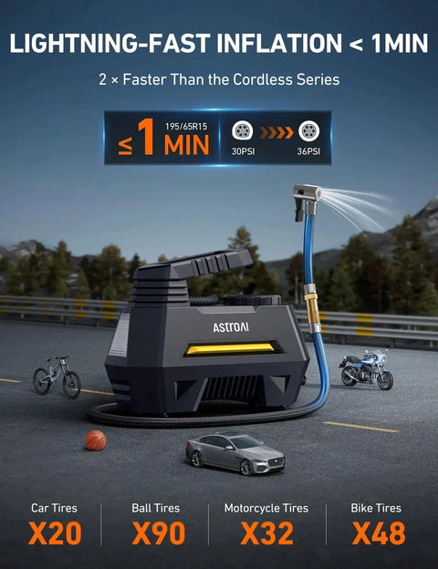 Image of Portable 12V Tire Inflator With Digital Pressure Gauge And Emergency LED Light Nine Point Eight Foot Cord Powered By Cigarette Lighter for inflating tires and balloons in under a minute.