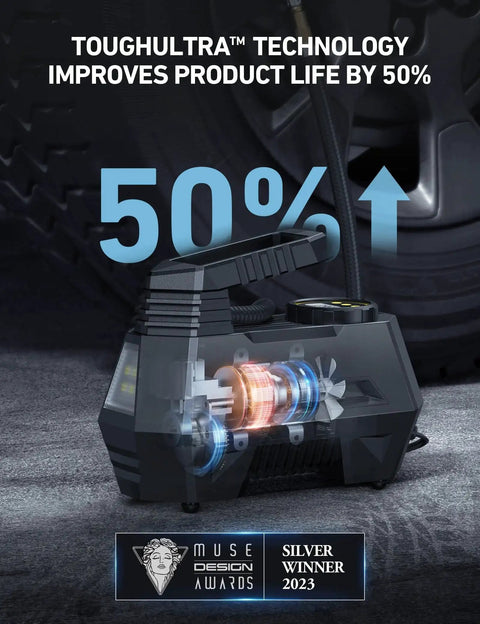 Portable 12V Tire Inflator With Digital Pressure Gauge And Emergency LED Light Nine Point Eight Foot Cord Powered By Cigarette Lighter next to tire.