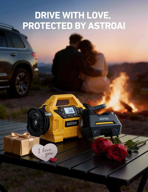 Portable 12V Tire Inflator with Digital Pressure Gauge and LED Light on table, couple at campfire, roses, gift box