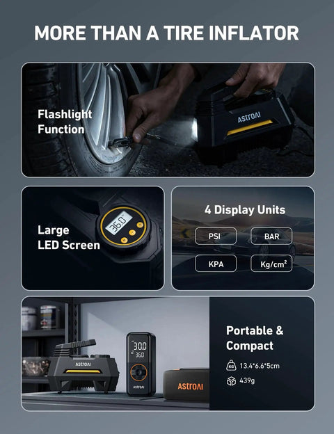 Portable 12V Tire Inflator With Digital Pressure Gauge And Emergency LED Light Nine Point Eight Foot Cord Powered By Cigarette Lighter