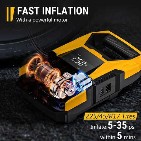 AC DC Tire Inflator Portable Air Compressor With Dual Power Supply featuring fast inflation and built-in digital gauge