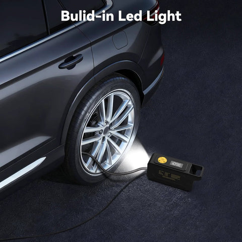 150 PSI Tire Inflator Portable Air Compressor, 12V DC Auto Shutoff Air Pump with Digital Pressure Gauge in use at night