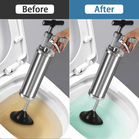 Portable High Pressure Kinetic Toilet Plunger Air Blaster Pump clearing clogged toilet, before and after effect shown