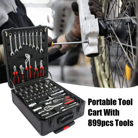 All In One Roll Bar Box Kit With 899 Precision Tools For Home And Auto Repairs Including Emergency Car Fixes Plus Water Electrical And Woodworking Essentials For Gardeners Homeowners And Handymen On The Go Silver open showing tools