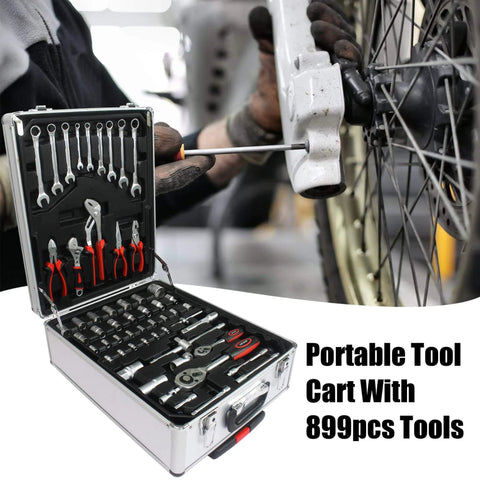 Roll Bar Rolling Toolbox Kit With 899-Piece Emergency Car, Water, Electrical And Woodworking Repair Set In Silver on wheel repair