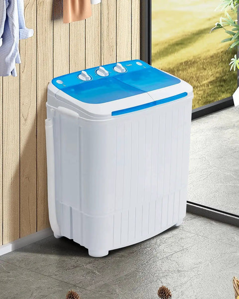 Compact Portable Twin Tub Washing Machine And Dryer 16.5 Lb Capacity Wash And Spin In One Go in white and blue in a room corner