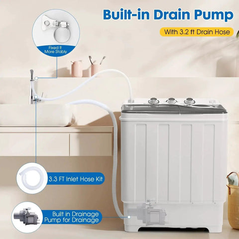 Compact portable twin-tub washing machine with 18 lb wash, 10 lb dry capacity and 28 lb total, drain pump visible
