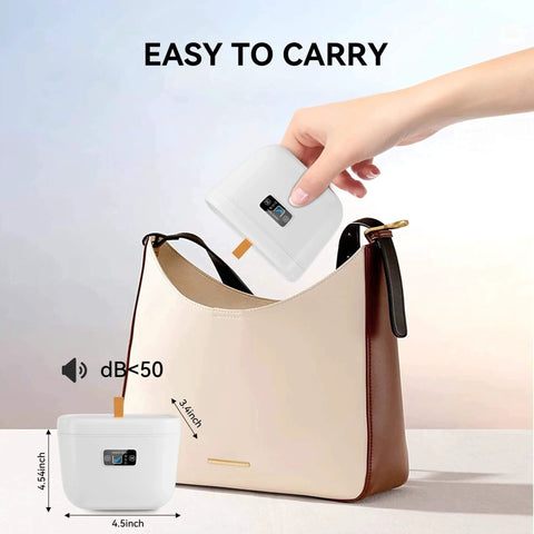 Hand placing Ultrasonic Retainer Cleaner 45kHz Dental Cleaning Machine for Dentures Aligners Braces Jewelry into a handbag