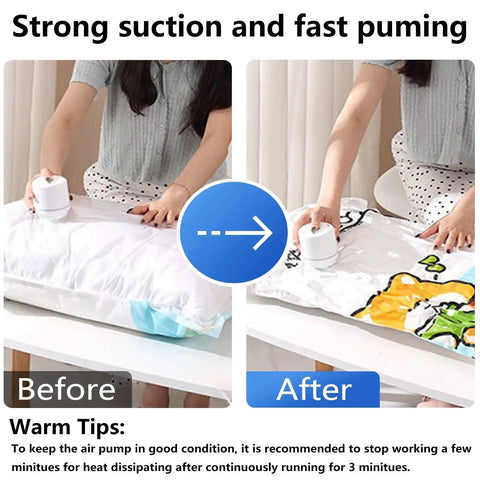 Before and after using electric vacuum pump for bags, showcasing quick air removal from vacuum seal storage.