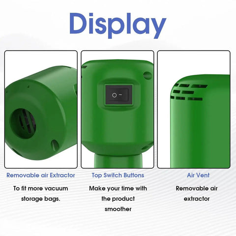 Portable 5000Pa Vacuum Storage Pump for Fast Compression of Comforters and Clothes 55W Energy Saving Ultra Compact Travel Friendly Electric Air Pump by Morecoo On The Go product display with removable air extractor and air vent.