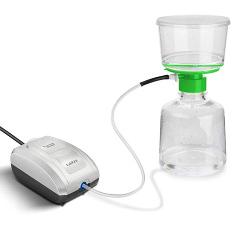 Portable Vacuum Pump For Lab Filtration And Distillation, Low Vacuum Solution With Tubing And Connectors, shown with jar setup.