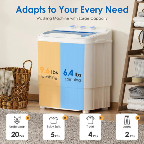 Compact 16 lb portable washer dryer combo perfect for apartments, dorms, RVs, and camping with 9.6 lb wash and 6.4 lb spin capacity visible