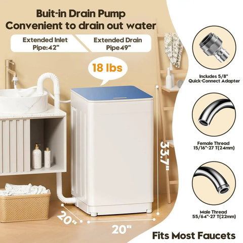 Portable Washer And Dryer Combo For Small Spaces With One Point Eight Cu Ft Capacity Including 18 Lb Wash Load And 12 Lb Dry Load Ideal For Apartments Dorms RVs And Tiny Homes All In One Compact Laundry Solution With Wash Cycles And Efficient Drying, shown with built-in drain pump and extended pipes.