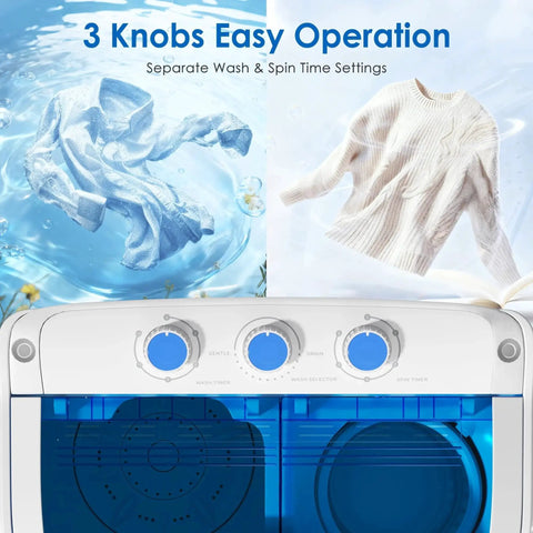 Compact 16 lb portable washer dryer combo with 3 knobs for easy operation, separate wash and spin time settings.