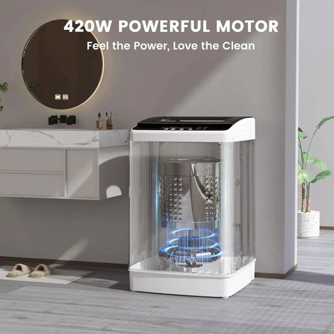 Compact Portable Washing Machine For Apartments With 35 Lb Capacity, 12 Wash Cycles, shown in a modern bathroom setup