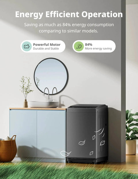 Compact 1.6 Cu Ft Portable Washing Machine With Wheels 11 Lb Capacity Fully Automatic Top Load Washer in Magnetic Gray next to sink