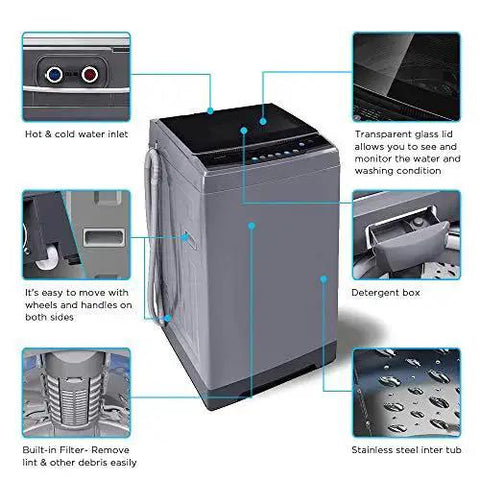 Compact 1.6 Cu Ft Portable Washing Machine With Wheels 11 Lb Capacity Fully Automatic Top Load Washer with features labeled