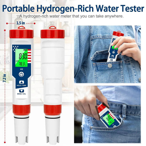 4 In 1 Water Quality Tester For Drinking Water With pH, Hydrogen H2, ORP And Temperature Readouts shown in pocket and hand