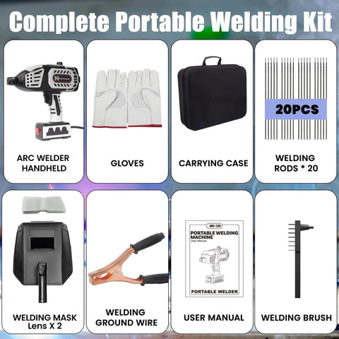 Complete kit showing Portable 110V Handheld Welder With IGBT Inverter, gloves, carrying case, 20 welding rods, and accessories.