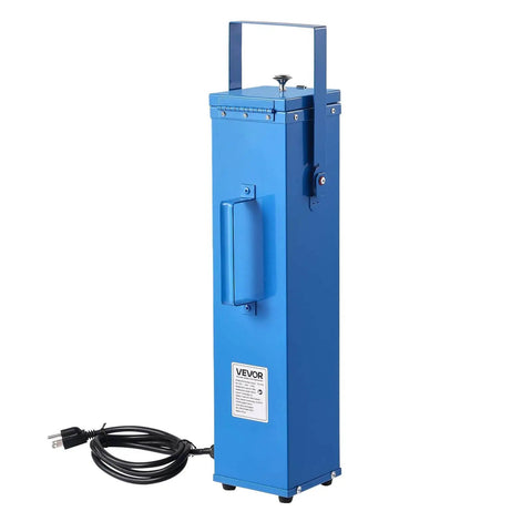 Blue portable welding rod oven with 10 lb capacity, fast 230W heating to 300F, for 18 inch electrodes, features a carry handle and safety latch
