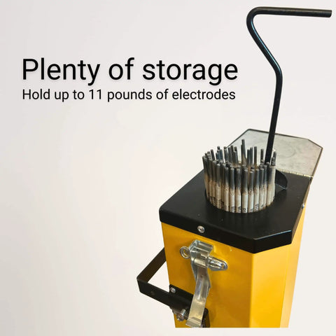 Portable Welding Rod Oven 11 Lb Capacity From Ridge 110V 300W 300°F Max with locking lid and electrodes visible