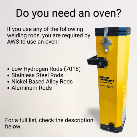 Portable Welding Rod Oven 11 Lb Capacity From Ridge 110V 300W 300°F Max Fits 18 Inch Rods Locking Lid shown in yellow