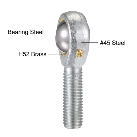 Close-up of POS12 Spherical Rod End Bearing 12mm Bore With Self-Lubricated Joint M12x1.75 Left Hand Male Thread showing materials: #45 steel, bearing steel, and H52 brass.