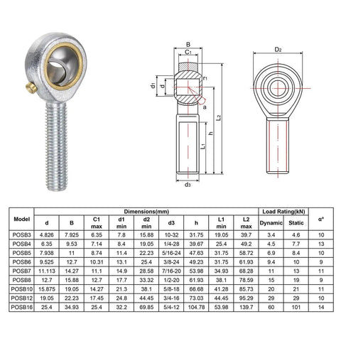 Diagram and specifications for 4 Pack POSB5 Male Rod End Bearings For Five Sixteen Inch Bore And Five Sixteen Twenty Four Right Hand Thread.