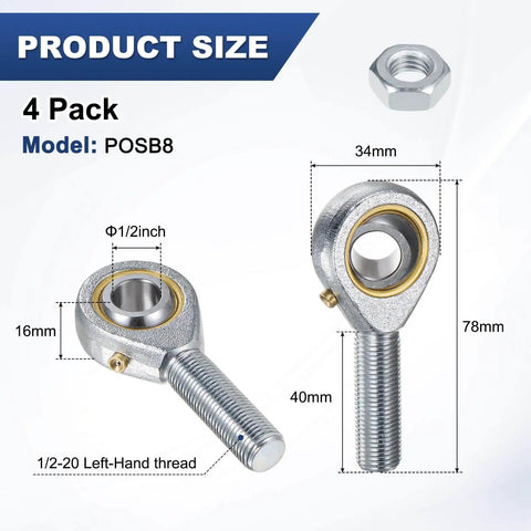 Product size of 4 Pack POSB8 rod end bearings with 1/2 inch bore, 1/2-20 left hand thread, and self lubricating steel joint with jam nuts.
