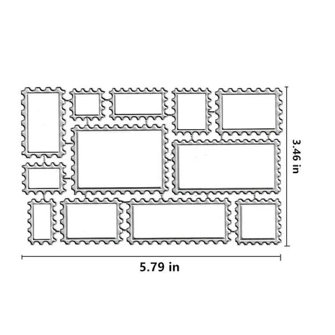 12 Pack Postage Stamp Banner Label Cutting Dies Set for Scrapbooking and DIY Card Making featuring various die shapes and sizes.
