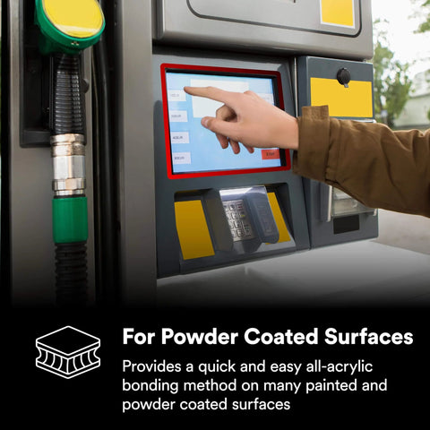 Person using touch screen on fuel pump promoting heavy duty double sided acrylic foam mounting tape for powder coated surfaces bonding.
