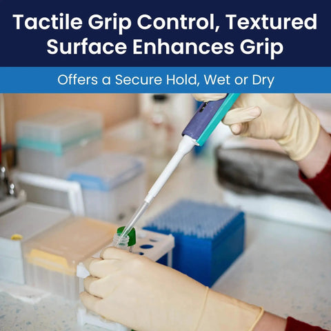Person using pipette with Powder Free 6 Mil Latex Gloves With Textured Grip For Medical Dental Use 1000 in lab setting