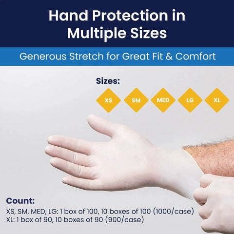 Powder Free 6 Mil Latex Gloves With Textured Grip For Medical Dental Use 1000, showing multiple sizes and gloved hand.