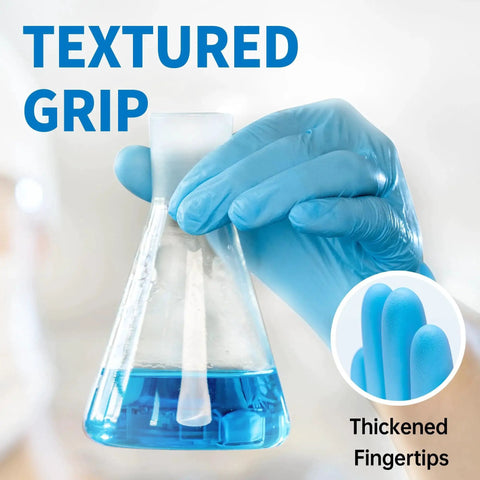 Powder Free Nitrile Exam Gloves 4.5 Mil Blue Large 100 Pcs Latex Free Food Safe, holding a flask with textured grip feature displayed