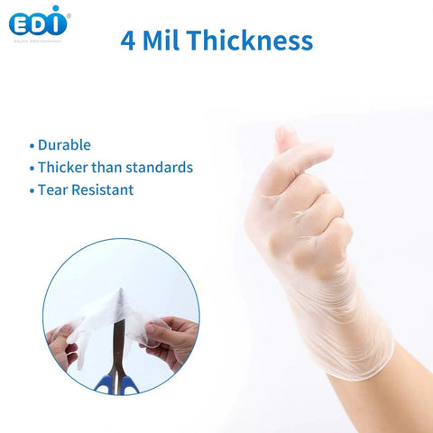 Image showing Powder Free Vinyl Gloves 4.3 Mil Clear Latex Free For Food Service Cleaning, highlighting 4 mil thickness and durability.