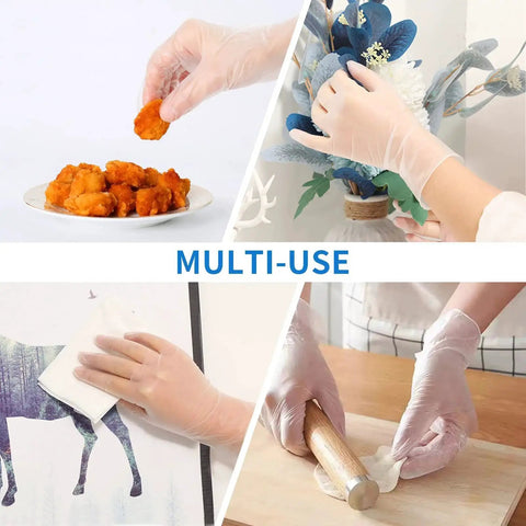 Multi-use applications of Powder Free Vinyl Gloves 4.3 Mil Clear Latex Free For Food Service Cleaning in various tasks.