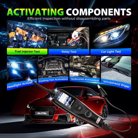 PowerScan PS100 Power Circuit Probe Tester activating components in various car tests displayed on digital screen