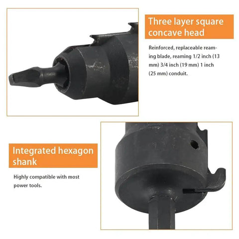 Close-up of Power Conduit Reamer Tools Kit with hex key wrench, featuring three-layer square head and hexagon shank.