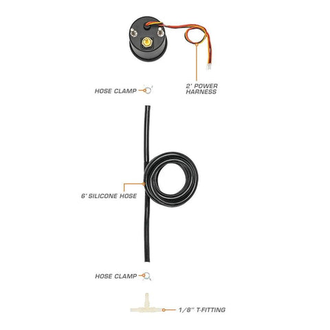 GlowShift 2-1/16 in boost/vacuum gauge kit, black dial; includes 6 ft silicone hose, power harness, T-fitting.