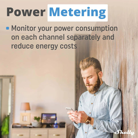 Person using 2 Channel WiFi Smart Relay Switch With Power Metering For Home Automation And Energy Monitoring app indoors