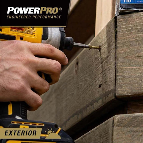 Hand using drill with Power Pro Premium Exterior Wood Screws, #10 x 4-1/2" Inch All-Purpose Deck Screws for Outdoor Projects