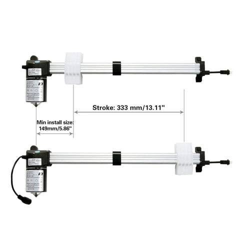 Pair of KDPT007-10 linear actuators for power recliner chairs, 333 mm stroke, aluminum rails