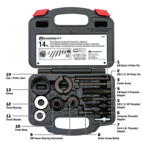 Power Steering and Alternator Pulley Remove and Install Tool Set with labeled parts in storage case - 648605