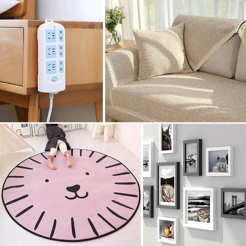 Collage of home decor: power strip on table, sofa with pillows, child on pink rug, and wall with framed photos.