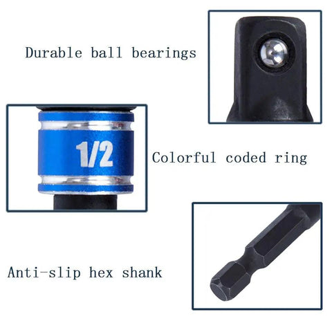 Impact Grade Power Hand Tools Driver Socket Adapter Extension Set With 3 Pcs 1/4 3/8 1/2 Inch Hex Shank Drill Nut Driver Bits close-up