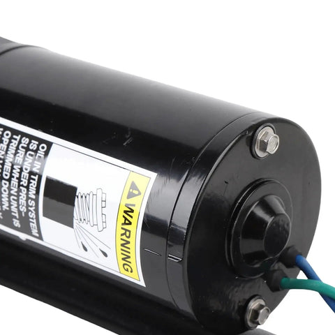 Qqmora power trim tilt assembly, black marine-grade hydraulic cylinder with blue and green wires, side view