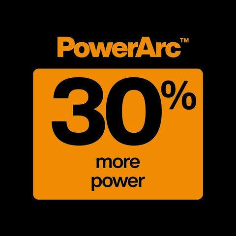 PowerArc technology logo showing 30% more power, associated with PowerArc Heavy Duty Shop Shears With Curved Serrated Blades And Extended Tang 10 Inch Industrial Grade Stainless Steel Scissors For Construction And Building Projects Orange And Black.